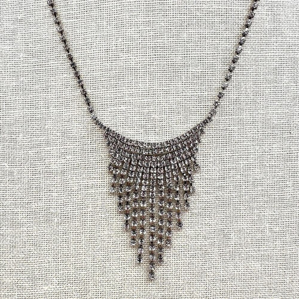 Vintage 90s Silver Tone Clear Glass Rhinestone Fringe Bib Statement Necklace Y2K